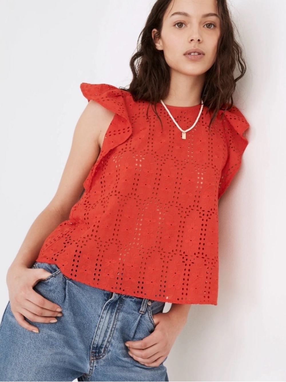 Madewell Red Eyelet Ruffle-Sleeve Blouse 100% Cotton Size M
